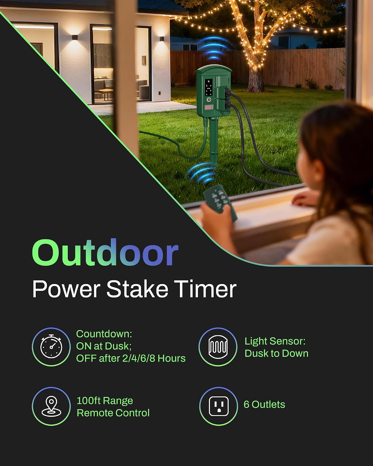 BN-LINK Outdoor Power Stake Timer, Remote Control，6 Outlets