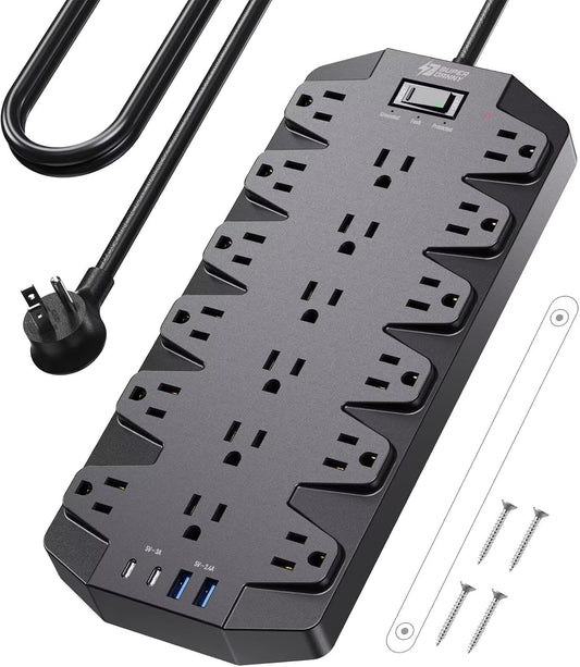 SUPERDANNY 18 AC Power Strip Surge Protector, 6.5FT, Flat Plug, 1875W/15A