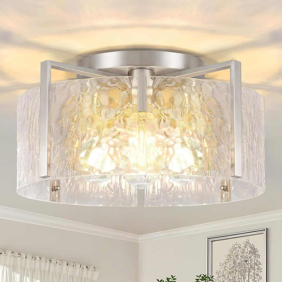 16" Semi-Flush Mount Ceiling Light, 4-Light Hammered Glass Drum Fixture