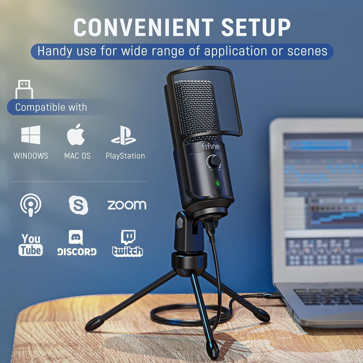 FIFINE K669PRO1 USB Podcast Microphone for Vocal Recording Video | PC Condenser Mic for Streaming, Mute Button, Gain Knob, Sturdy Tripod Stand, Gaming, Meeting, Windows/Mac OS