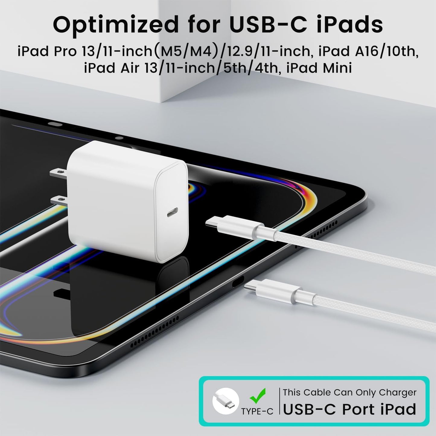 USB C Fast Charger for Apple iPad Pro 13/11/12.9 inch, iPad A16/10th Generation, iPad Air 13/11-in/5th/4th/Mini, 20W Type C iPad Charger Fast Charging with 6FT Woven USB C to USB C Charger Cord Cable