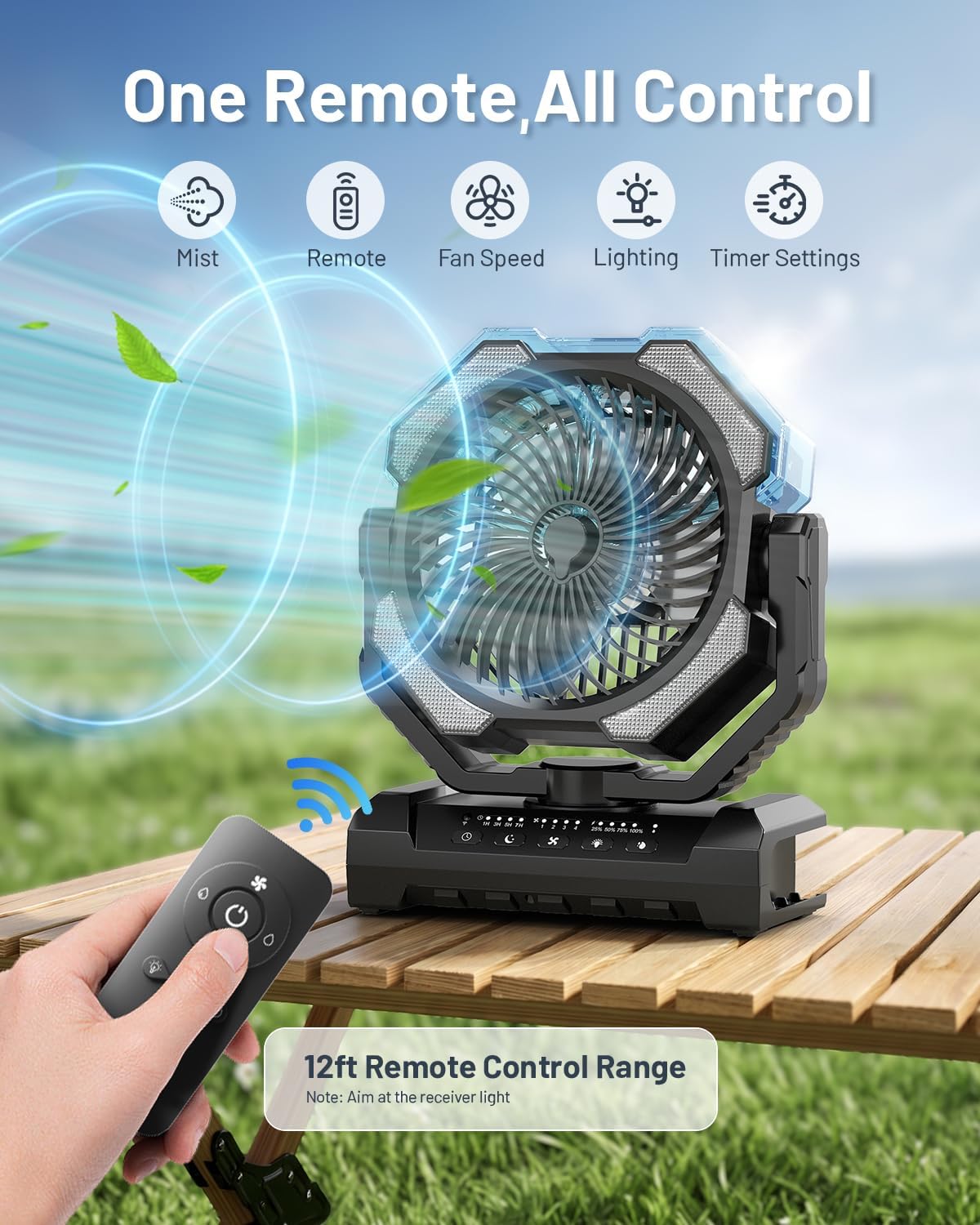 Misting Fan, Portable Camping Fans with 9oz Water Tank, 24000mAh Rechargeable Fan with 4 Speed, Battery Powered Fans with 120H Cooling, Last 5H Mist, 2 Mist Modes, Light, Outsides/Summer Essential
