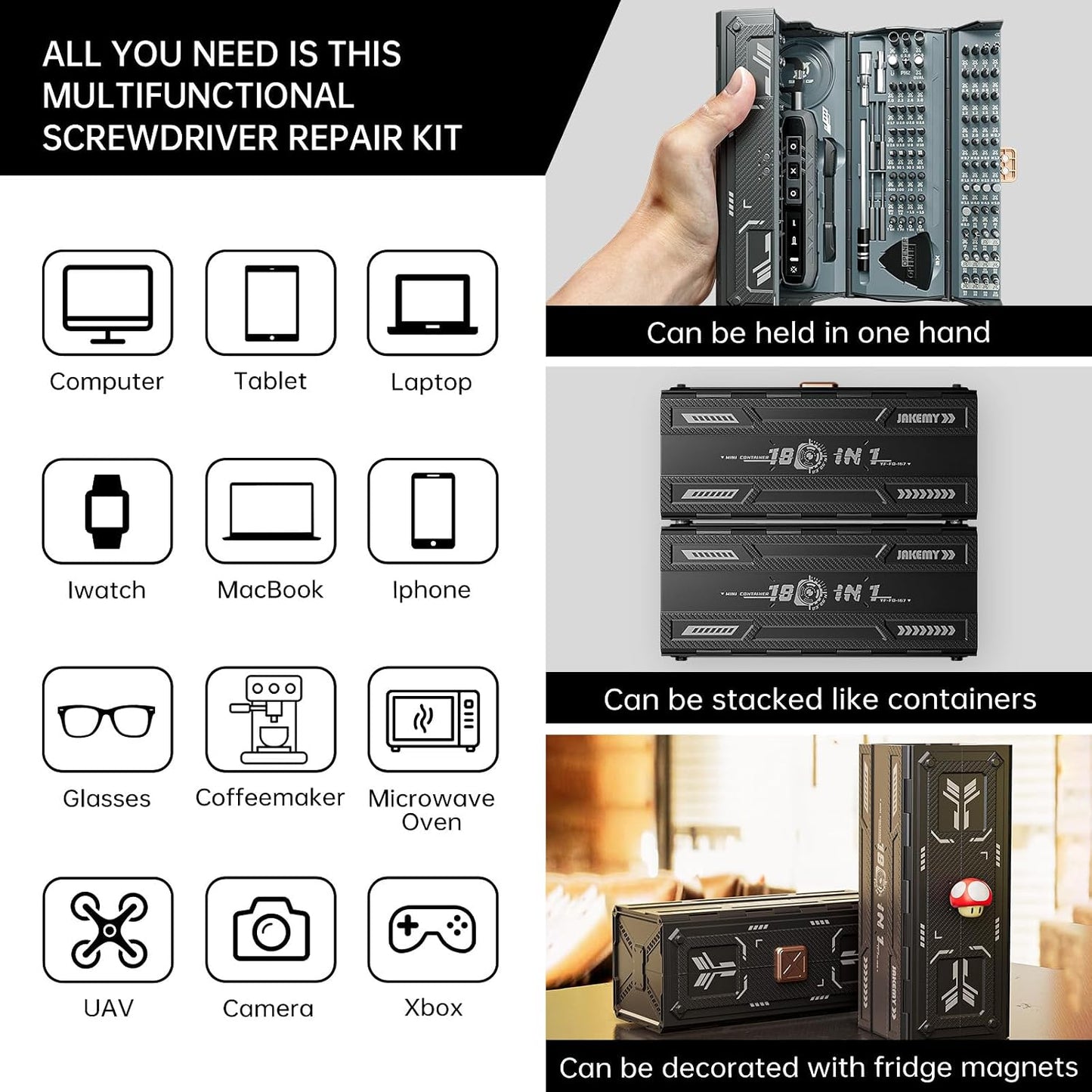 Small Electric Screwdriver Set, JAKEMY Smart 3 Torque Cordless Screwdriver Kit, Compact Power Screwdrivers with 160 Precision Bits for Computer, Laptop, iPhone, PS5, Xbox, Watch, Jewelry, Eyeglasses