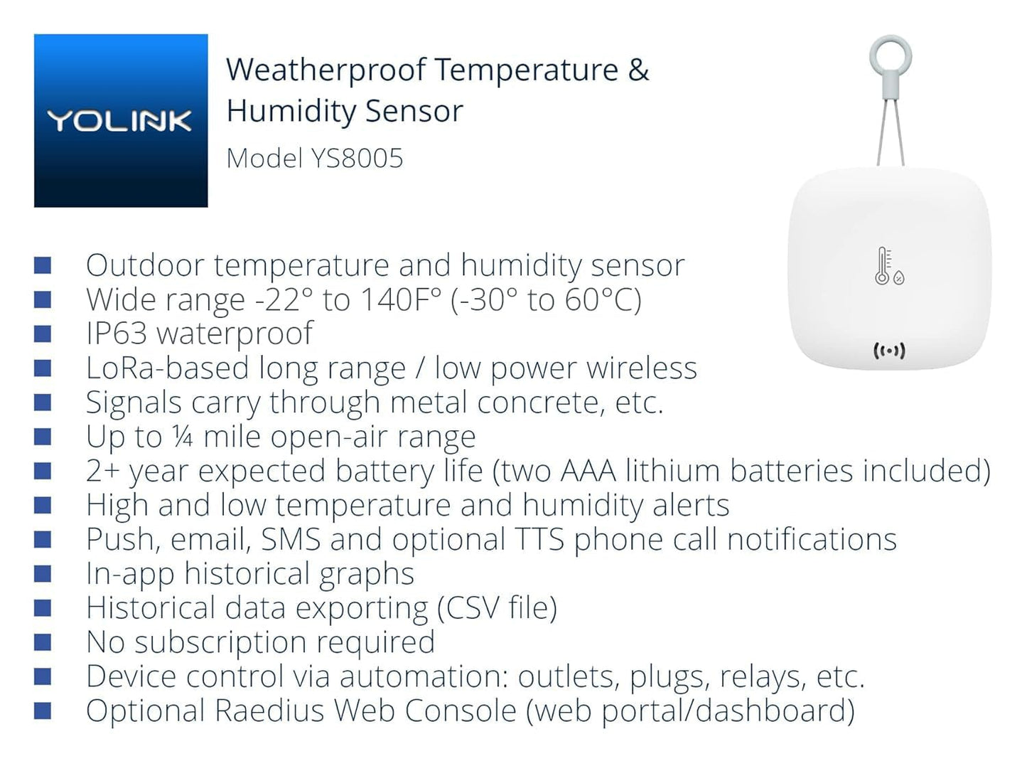 YoLink Smart Outdoor Temperature & Humidity Sensor, Hygrometer, Thermometer, 1000' Long Range, 2 Years Battery Life, Emails, Text/SMS, App Alerts, Alexa, IFTTT Integration. Hub Required!