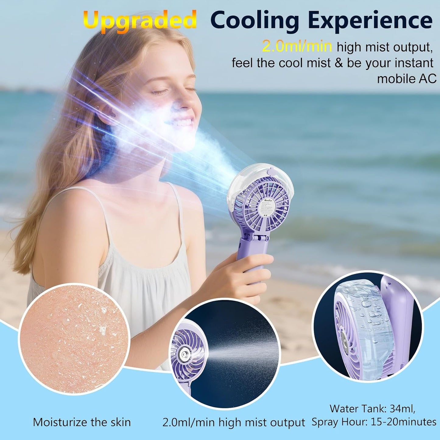 HandFan 5200mAh Upgraded Portable Misting Fan, Rechargeable Handheld Mister Fan, Spray Water Mist Fans, Mini Cooling AC Ice Fans for Beach Travel Concerts, Gifts for Women(Light Purple)
