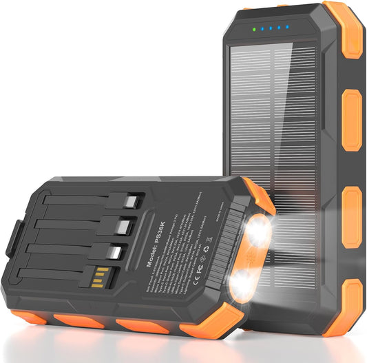 Solar Charger Power Bank 38800mAh, 22.5W USB-C Fast Charging Portable Charger with 4 Built-in Cables, External Battery Pack with Dual LED Emergency Flashlights for Camping, Hiking, Outdoor Use