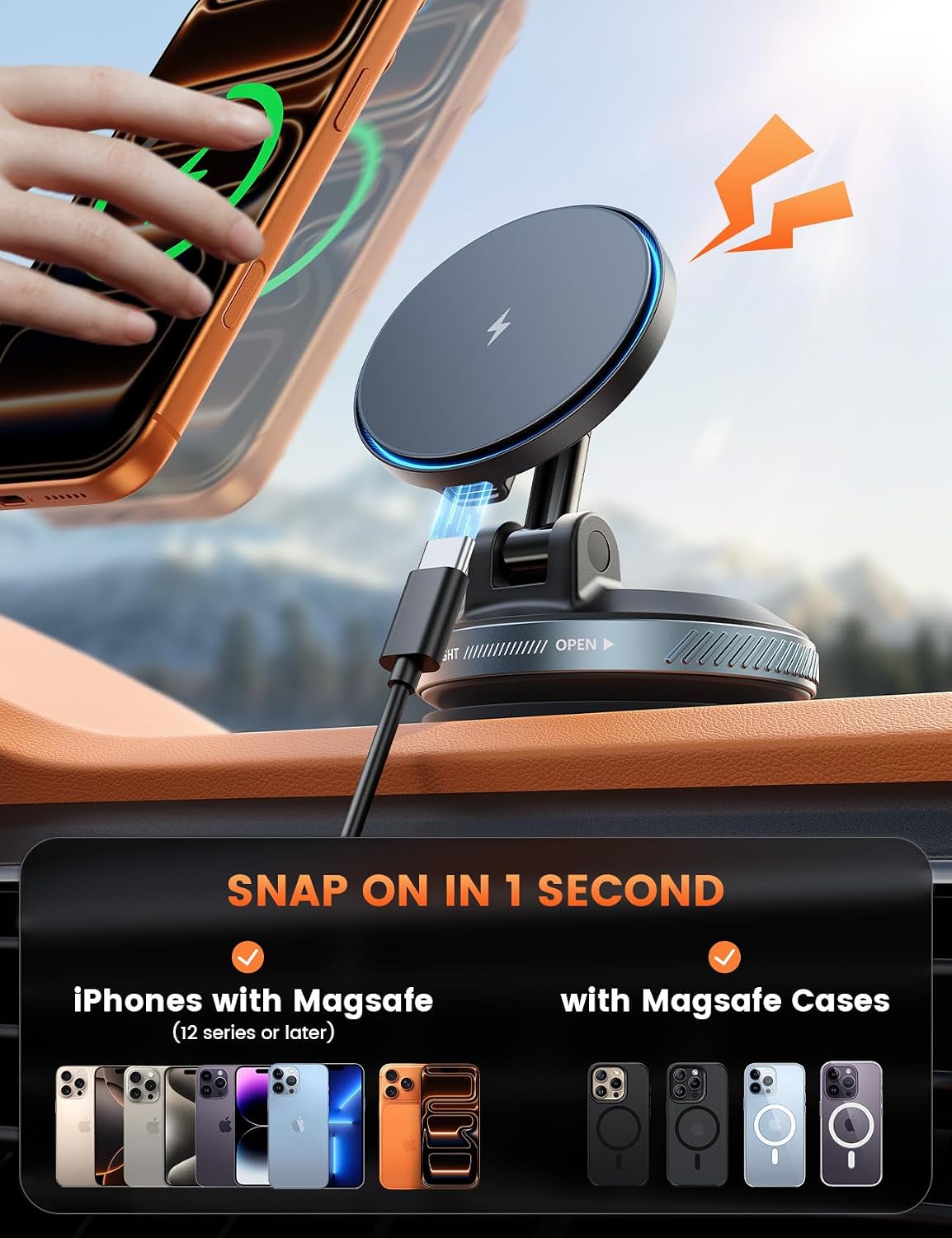 Lamicall 15W for MagSafe Car Mount Charger, 360° Wireless Car Phone Holder | Dual USB-C Ports Magnetic Phone Holder for Car, 70 LBS Vacuum Suction Phone Mount for iPhone 17 16 Pro Max Truck Jeep Black