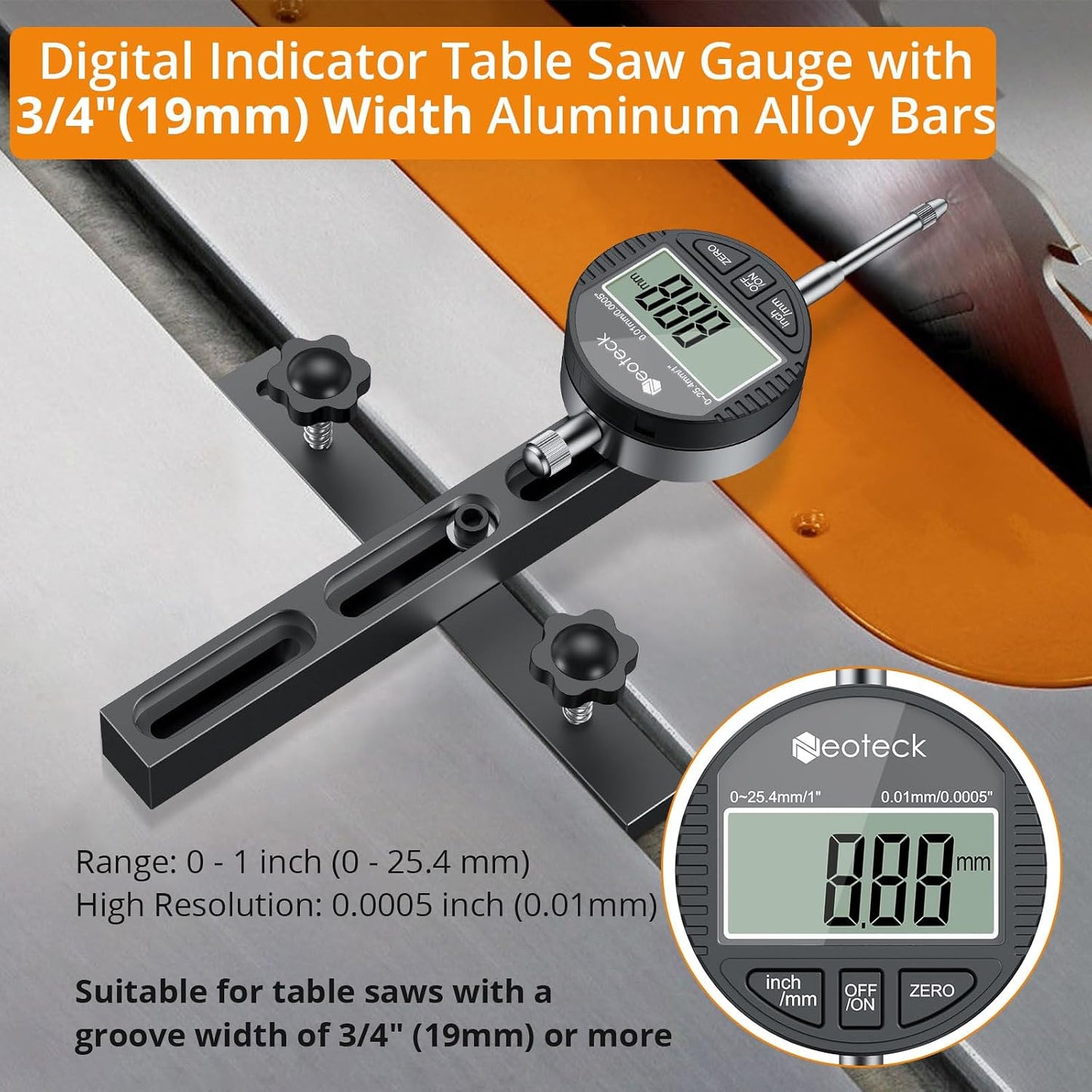 Neoteck 0-1" Digital Dial Indicator Table Saw Gauge Suitable for Table Saws | with a Groove Width of 3/4" (19mm) or More for Aligning and Calibrating Work,Shop Machinery,Band Saw and Drill Press-Black