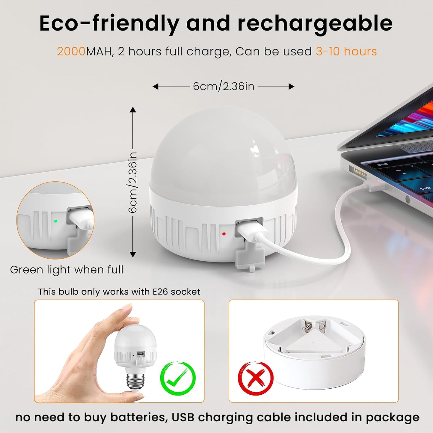 SCOPOW 2Packs E26 Rechargeable Light Bulbs with Remote Control, 5W 350lm Magnetically Battery Operated Light Bulbs 2000mAh, 3 Color Temperature, Timer, Dimmer for Non-Hardwired Lamp