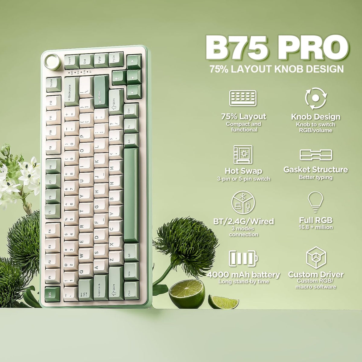 YUNZII B75 PRO 75% Wireless Mechanical Keyboard(Matcha Green,Cocoa V2) | Hot Swap Keyboard with Knob, Gasket Mount, Creamy Pre-lubed Switch for Smooth Typing, BT/USB-C/2.4G, for Gaming