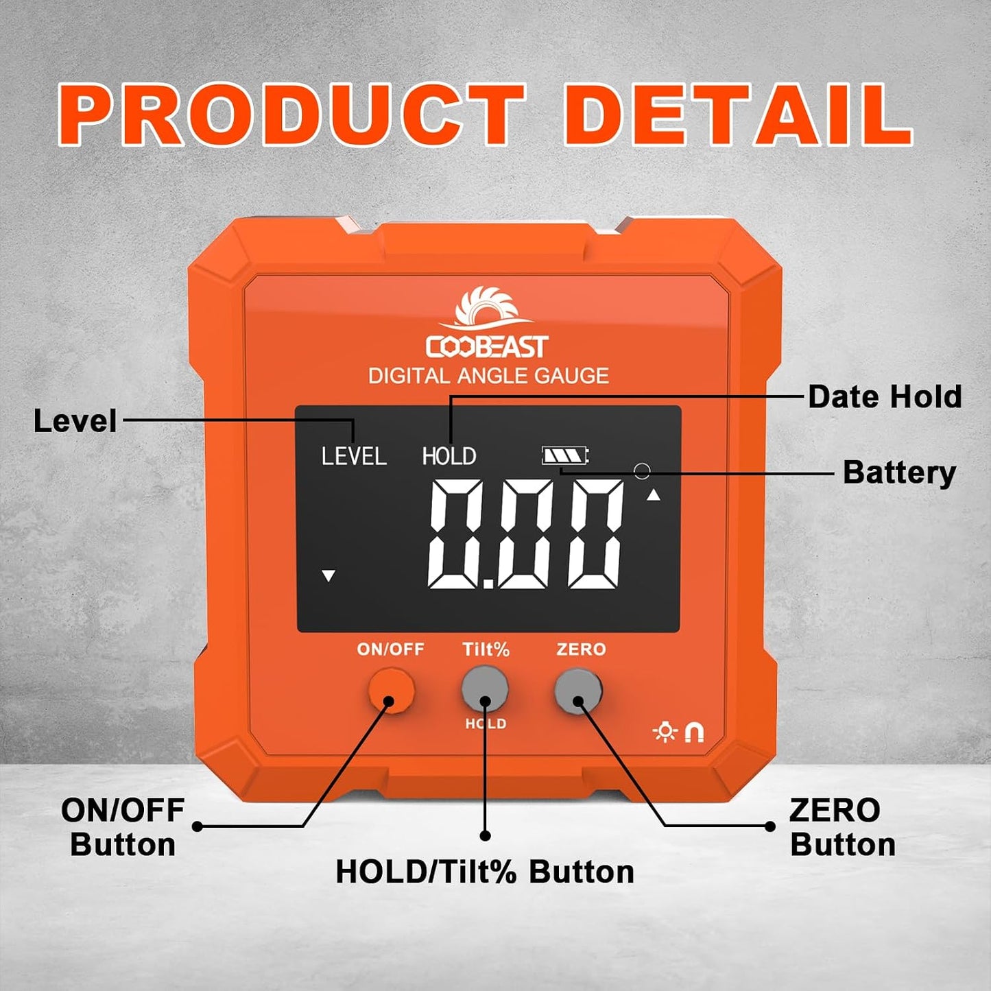 Digital Angle Finder Magnetic Base Compact Digital Level Protractor Orange | Angle Gauge with Backlight Compact Angle Measuring Tool Inclinometer for Woodworking Construction Table Saw gift for Men