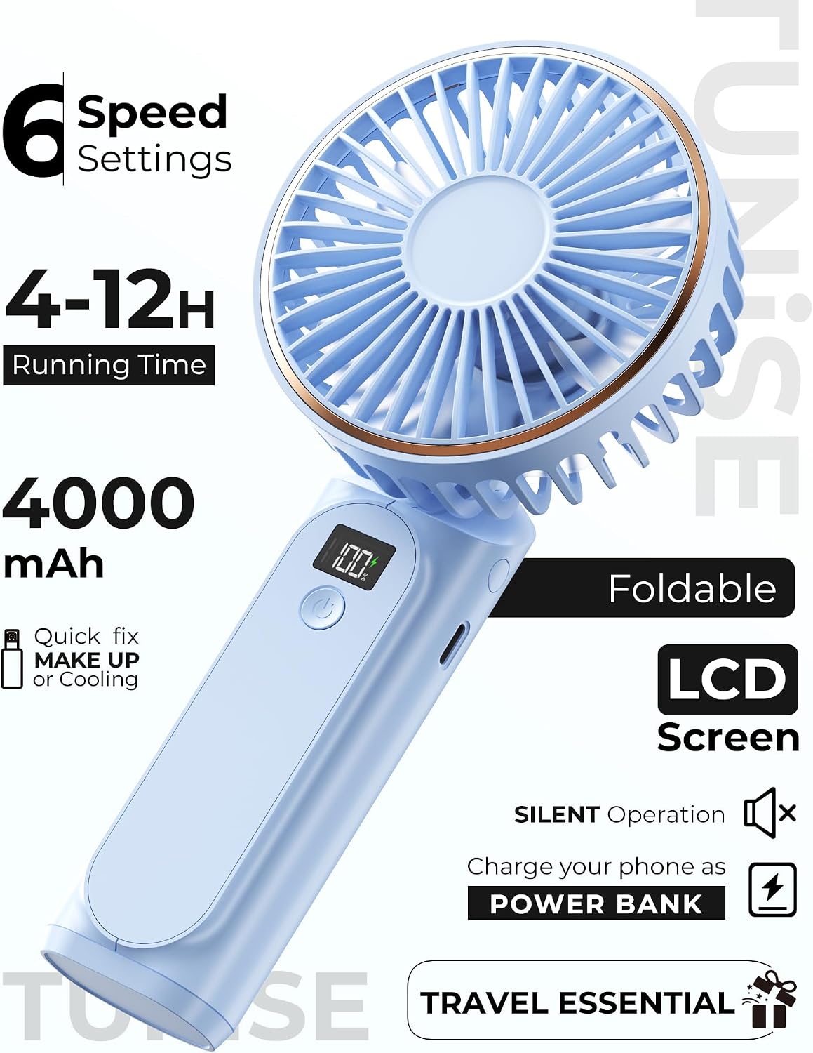 TUNISE Portable Handheld Fan, Portable Fan Rechargeable, 4000mAh, 180° Adjustable, 6 Speed Wind, Display Electricity in Real Time, USB Rechargeable Foldable Fan, Quiet Personal Fan as Power Bank