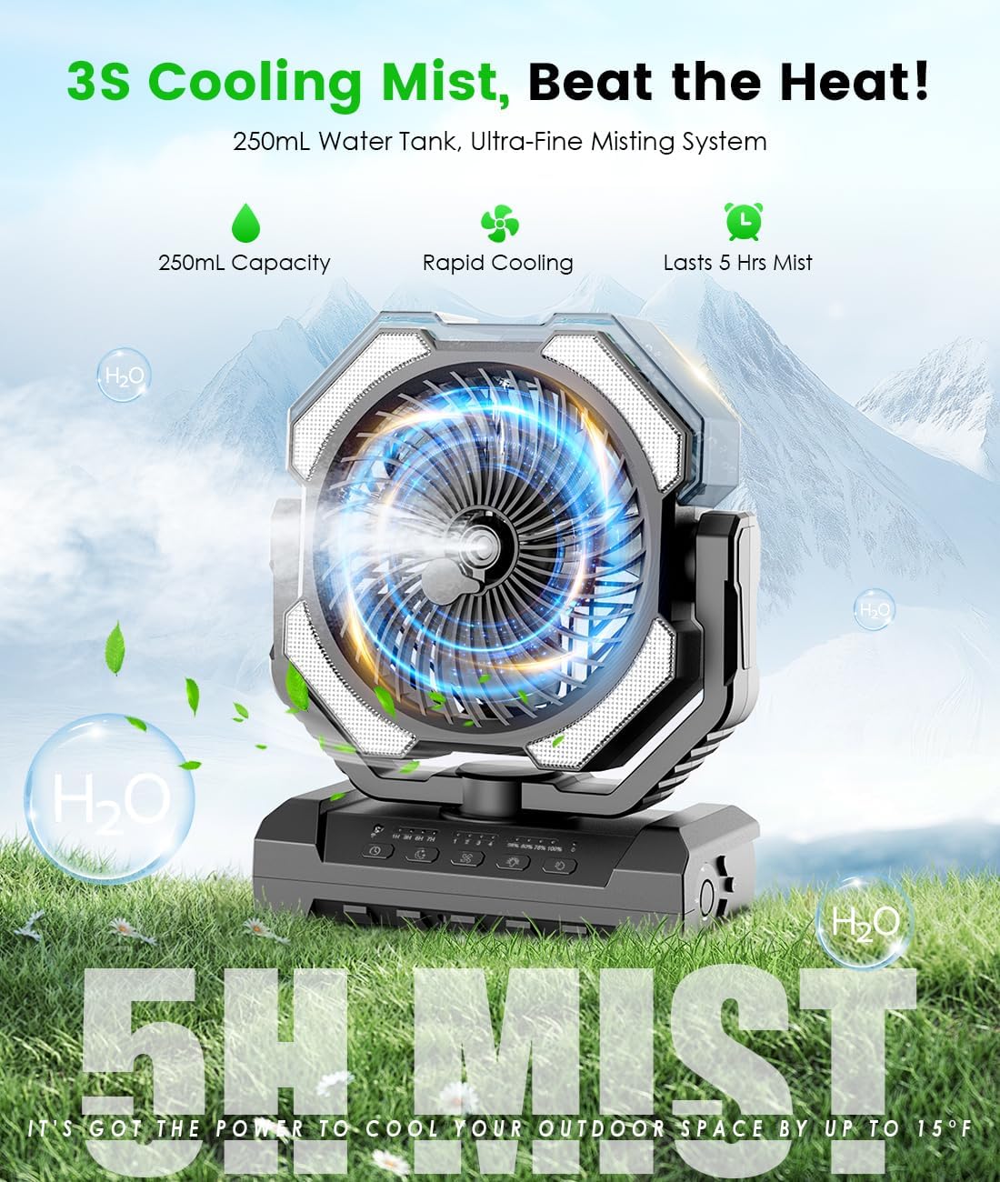 Camping Misting Fan - Portable Rechargeable Fan with 8.9oz Tank, Light, Hook - Battery Power 120H MAX Working, Fast Cooling, 4 Speed, Timer, Sleep Mode, for Outdoor, Travel, Patios, Beach