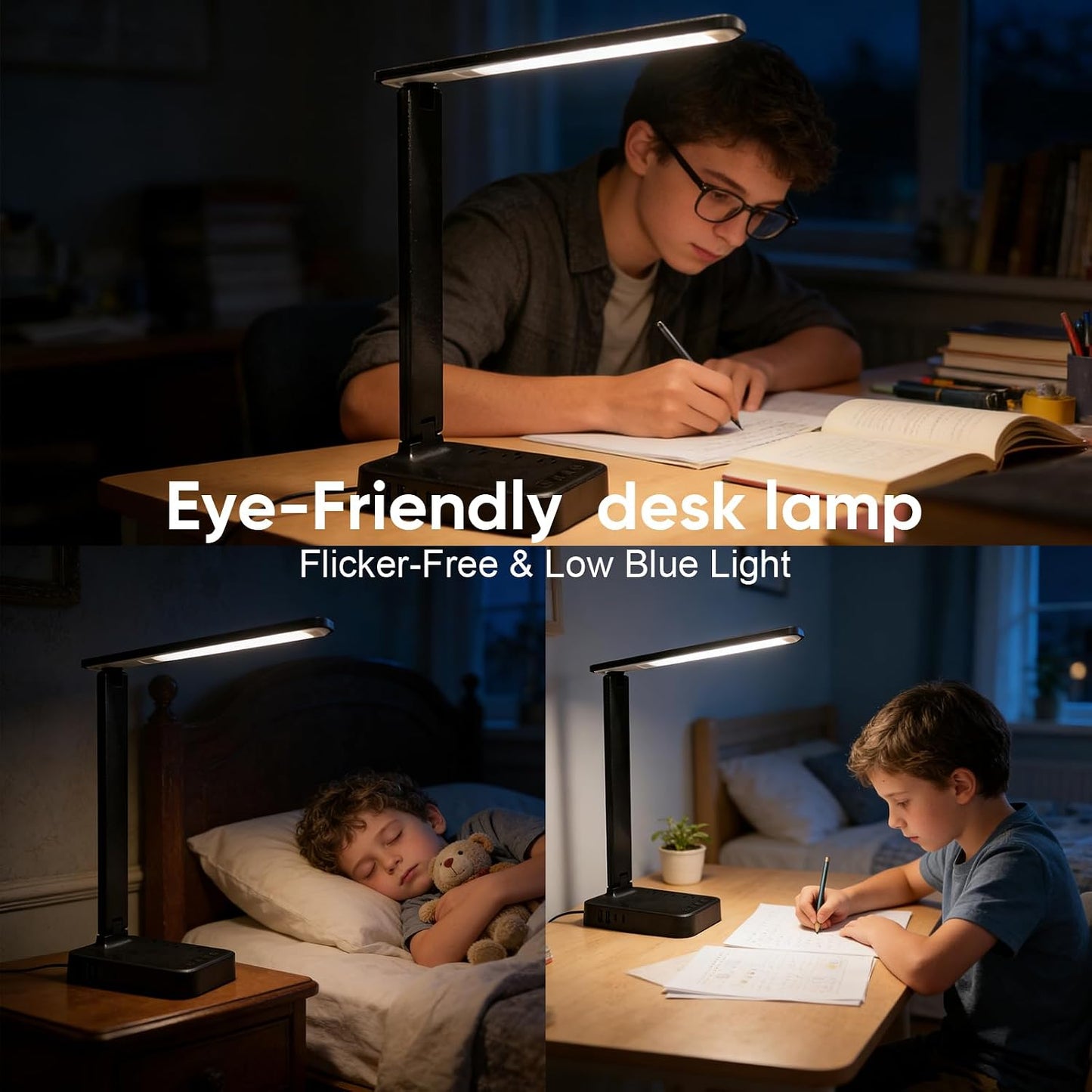 karidi LED Desk Lamp with Power Strip, 3 AC Outlets & 4 USB Ports (2 USB-C), Eye-Caring Task Light, 5 Color Modes 5 Brightness Dimmable, Sturdy Base Home Office Dorm Room Essentials