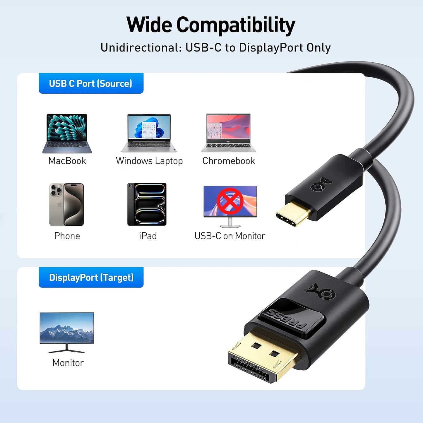 Cable Matters Unidirectional USB C to DisplayPort 1.4 Cable, 6ft | 8K@60Hz / 4K@240Hz, Not for Portable USB C Monitors, Thunderbolt 4 to DisplayPort Cable