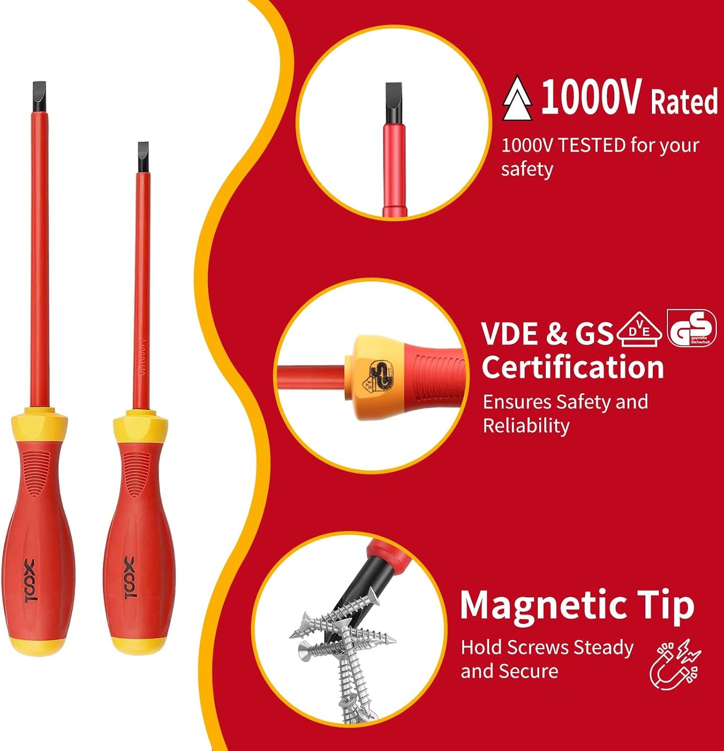 XOOL 1000V Insulated Electrician Screwdriver Set, 8-Piece with Magnetic Tips, Non-Slip Handle, Slotted & Phillips, Chrome Vanadium Steel, VDE & GS Certified for Safe Electrical Work