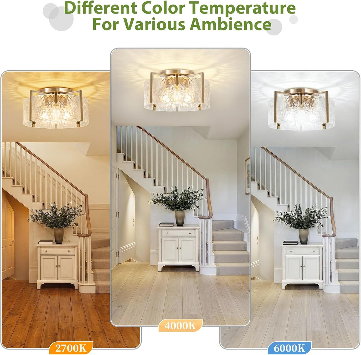 16'' Gold Semi Flush Mount Ceiling Light, 4-Light Glass Drum Light Fixtures