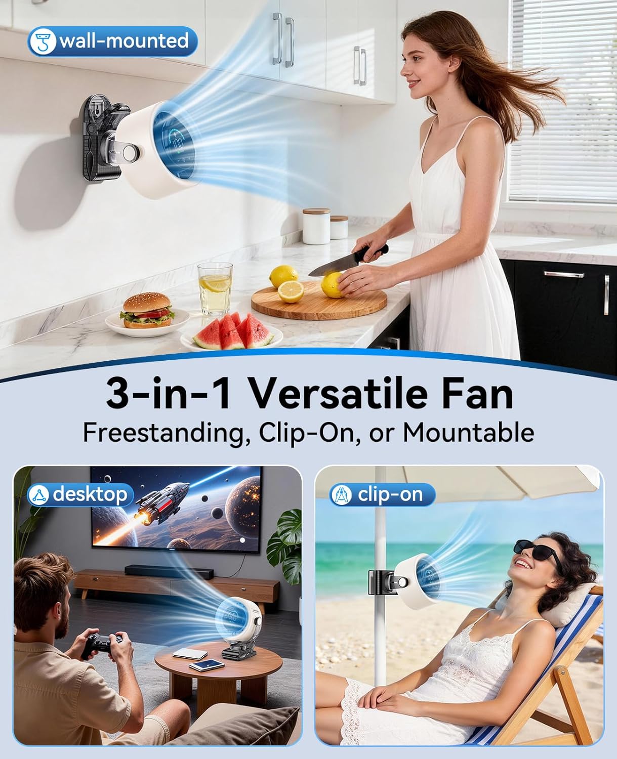 KIMMOO 4000mAh Rechargeable Portable Clip on Fan-100-Speed Touch Control, LED Display, 360° Rotate Quiet Turbo Desk Fan, Small Battery Operated USB Fan for Stroller Bed Travel Camping Golf Gym (White)