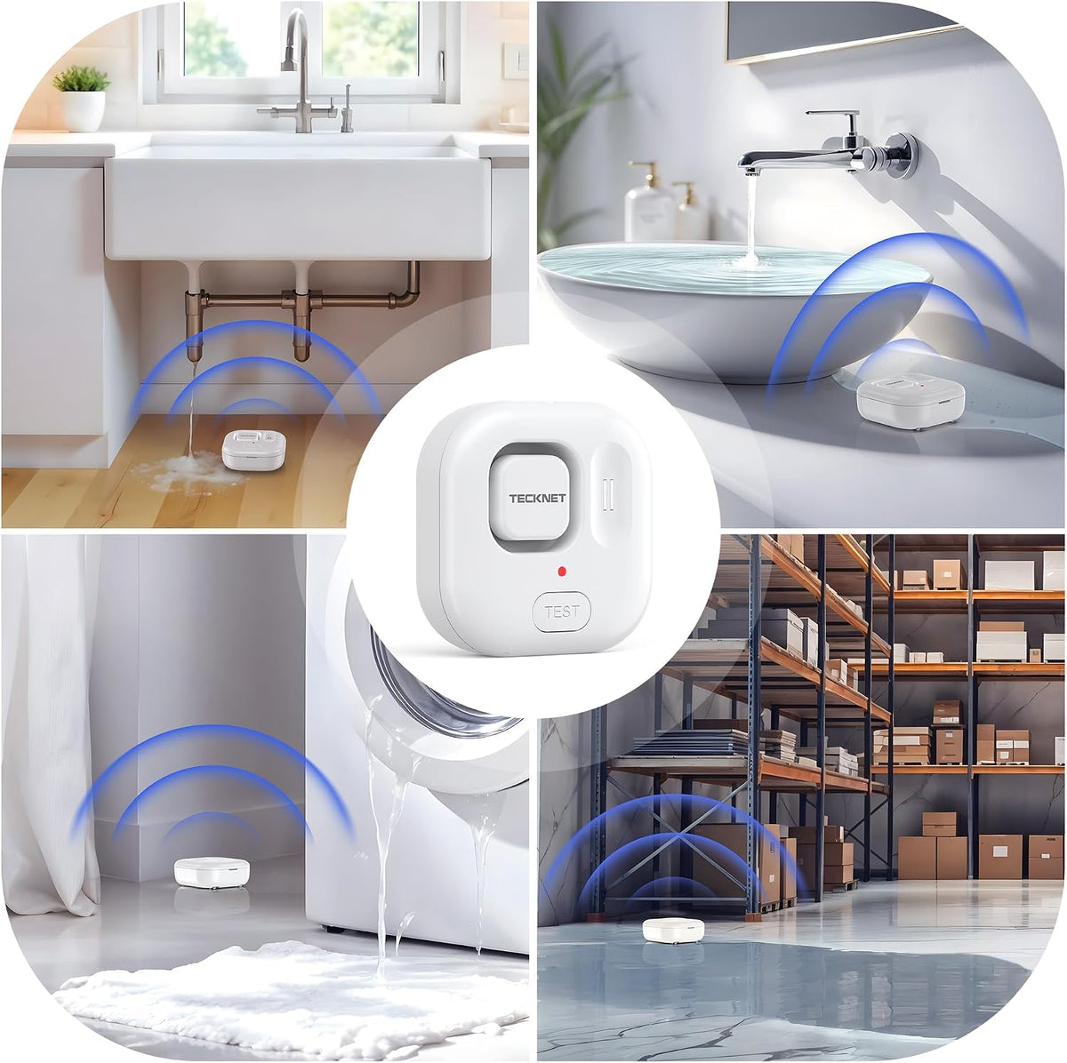 TECKNET Water Leak Detectors for Home, 120dB Water Sensor Alarm Leak Detector, IP66 Waterproof, Water Leak Detectors for Bathroom, Sink, Laundry, Window, Basements, Kitchens(3 Pack, Battery Included)