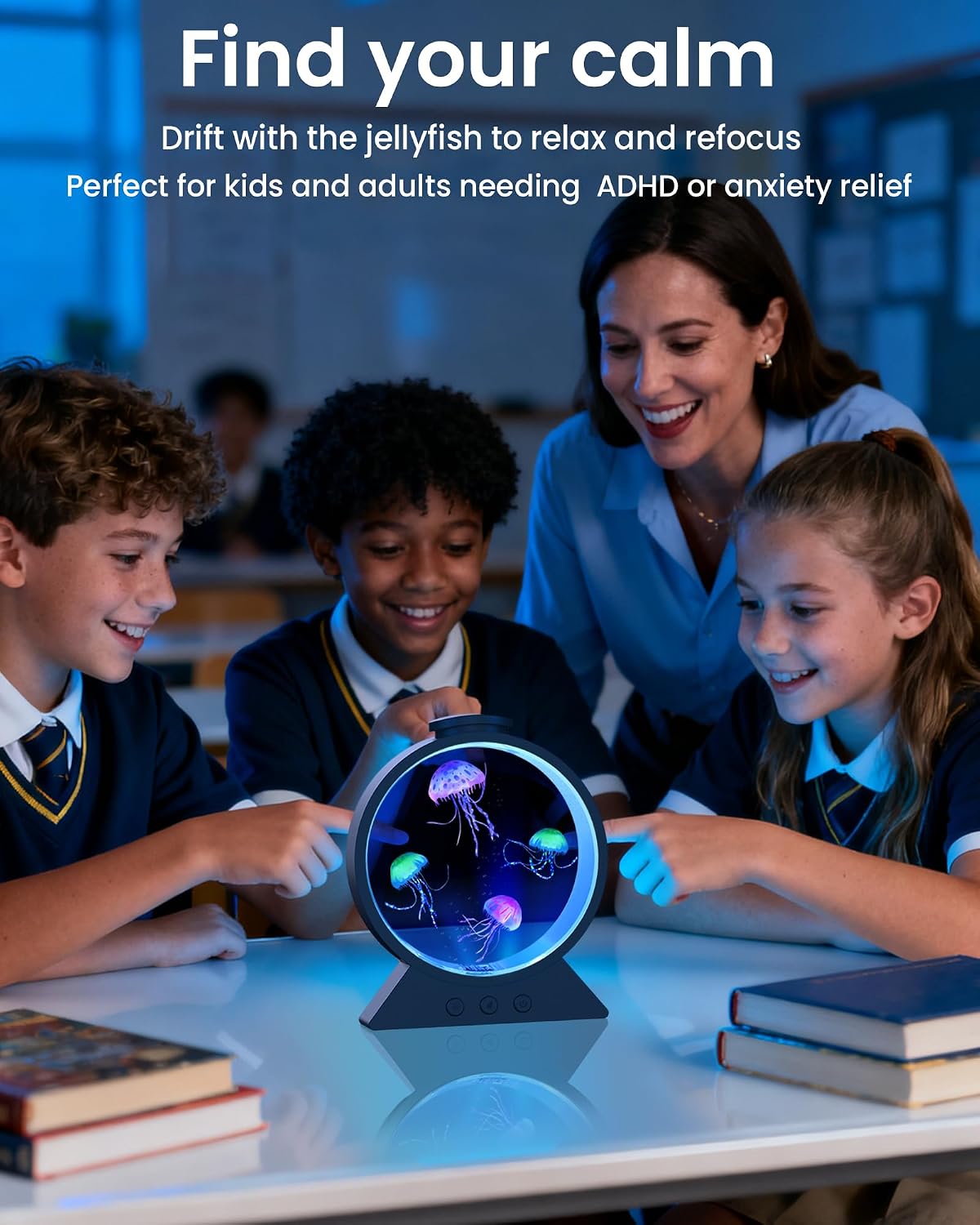 Jellyfish Lamp for Sleep Anxiety Calming Night Light for Bedroom(Black) | Whisper-Quiet Sensory | 7 Soft Color Modes | Adjustable Water Flow | 8H Auto-Off Timer | Rounded Tank Lamp Gift for All Ages