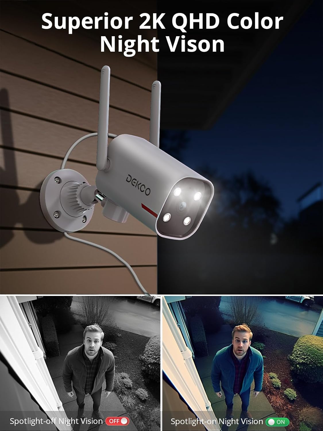 DEKCO 2K Outdoor Security Cameras, Wired WiFi, 2 Pack | Color night vision, 24/7 recording, 2.4GHz WiFi, pan rotation for front door, driveway, garage, and yard