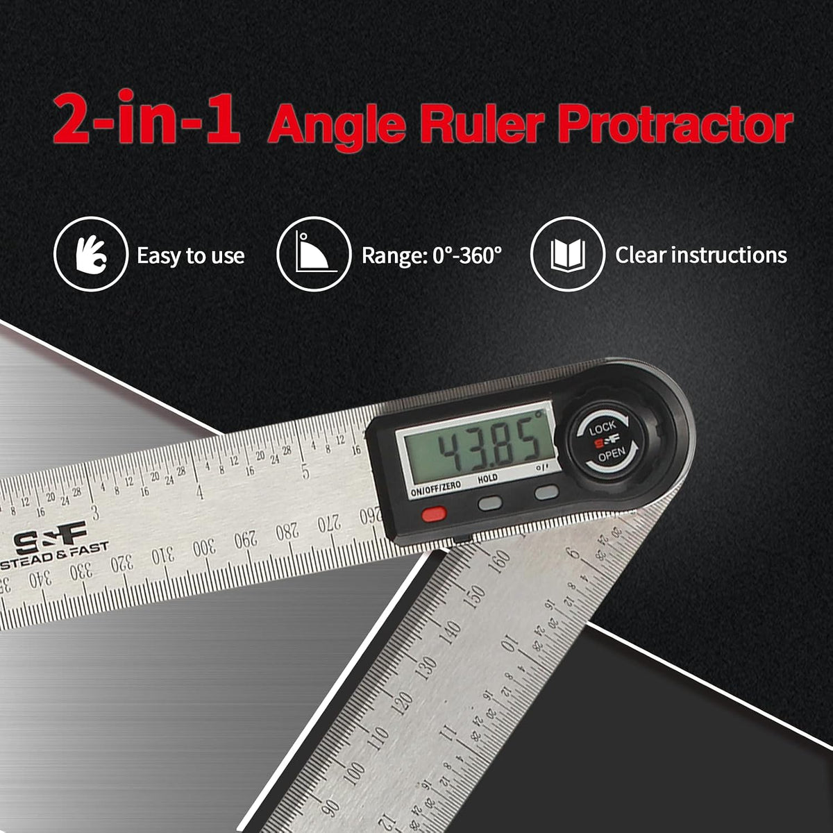 S&F STEAD & FAST Stainless Steel Digital Angle Finder Tool, 7 Inch / 200 mm | Hold & Zero, Slope & Degree, Auto power off, Large LCD, Laser-etched scale, Compact, for Woodworking & Renovation & Table saw
