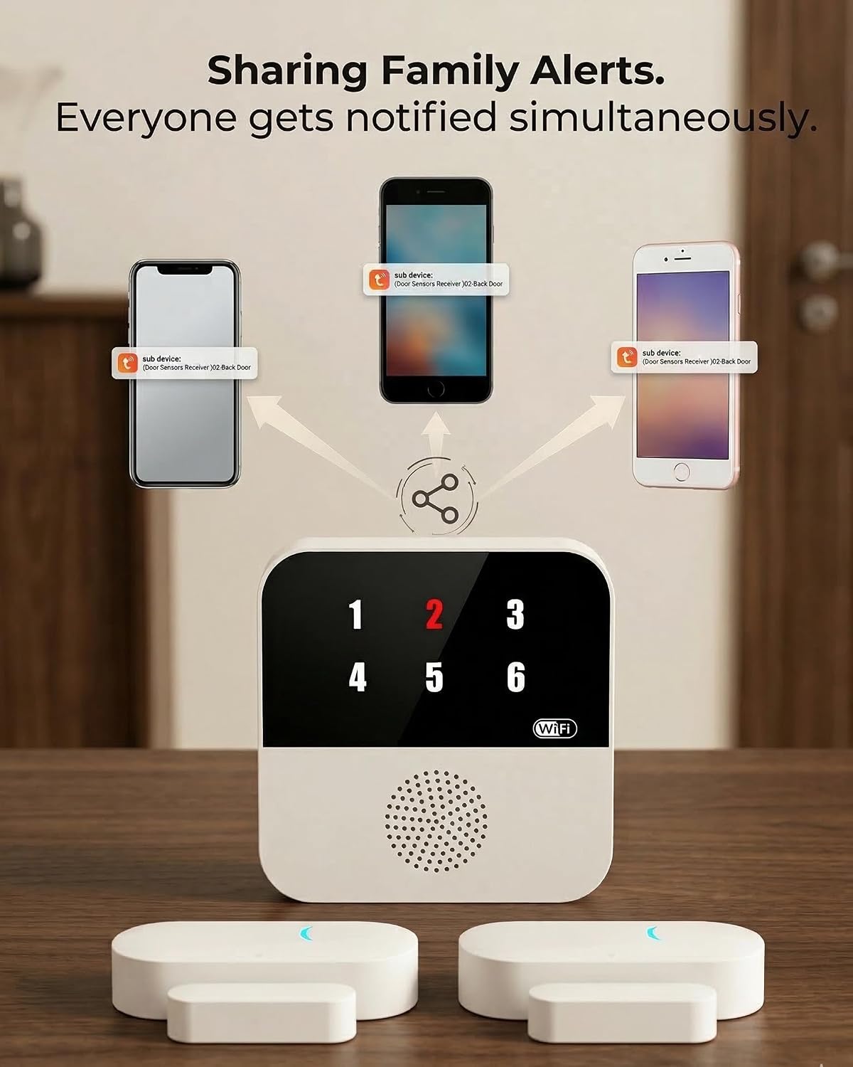 PILSAMAS Wi-Fi Smart Door and Window Alarms for Dementia Wandering Seniors | 1 Receiver 4 sensors 1 remote, App alerts, ID display caregiver pager, Whole home door sensor chime for kid, Toddler security