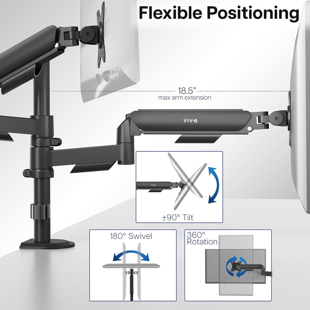 VIVO 17 to 32 inch Dual Mechanical Monitor Mount, 2 Tension Spring Arms, Adjustable Swivel, Rotation, Heavy Duty VESA Desk Stand with C-clamp, Grommet, Max VESA 100x100, Black, STAND-V002K