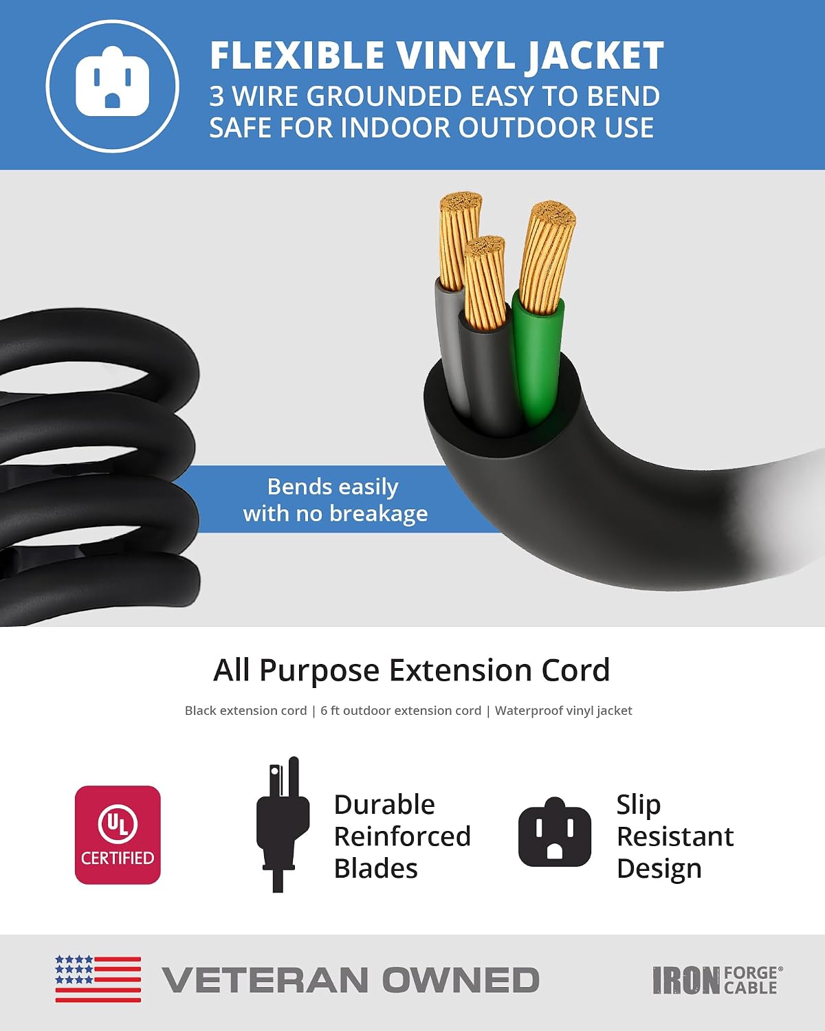 Iron Forge Cable 6 Ft Black Extension Cord with 3 Outlets - 16/3 SJTW 6 Foot Extension Cord 3 Prong, Weatherproof Exterior Power Cable for Outdoor