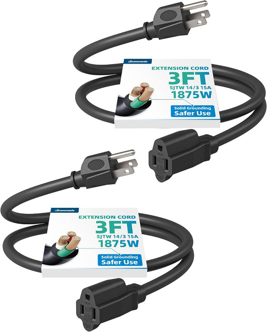 DEWENWILS 2 Pack 3FT Standard Extension Cord 14/3 SJTW Black, ETL Listed