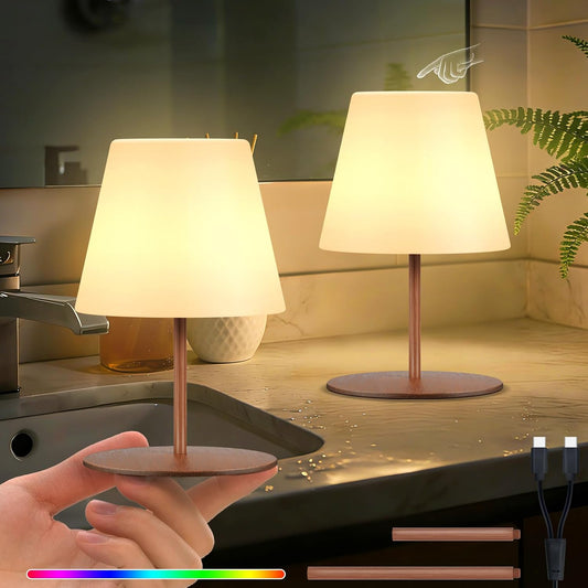 uuffoo 2 Pcs Mini Touch Shower Lamps Waterproof with 2-Step Warm White | Soft Light for Eye Care,Cordless Recharge lamp,RGB,IP44, Dual Plug USB Charging Cable, Color Temperature Memory (Wood Grain)