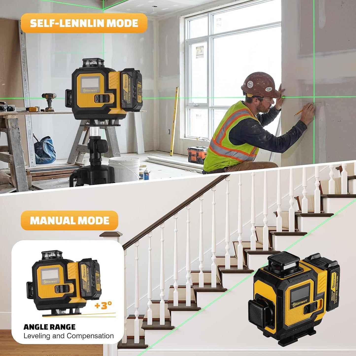 4D 16 Line 360° Self Level Green Laser Level Kit Tripod Battery Bracket | 360° all around Laser Lines Auto Self Leveling Function High Precision Layout Tool
