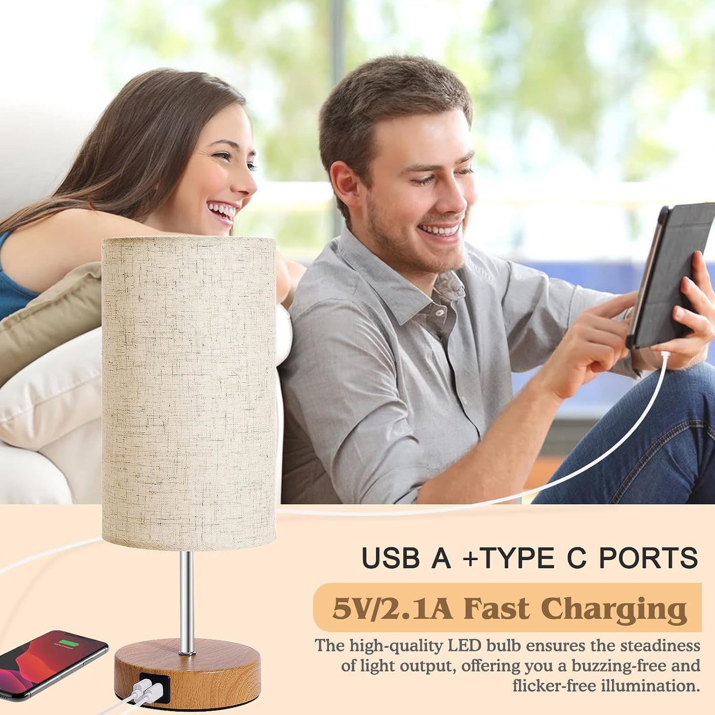 UNIFUN Nightstand Lamp, Touch Dimmable with USB-C Charging & Bulb | Includes E26 LED bulb，4 Brightness Levels，USB-A and Type-C ports，Natural wood base paired with a soft linen fabric shade