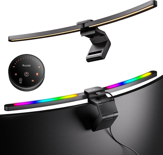 Quntis Curved Monitor Light Bar 15 RGB Backlight for 34"+ Screens, Computer Bar Lights Foldable Dual Light with Color Temperature Brightness Stepless Dimming, No Glare Desk Lamp for Home Office Gaming