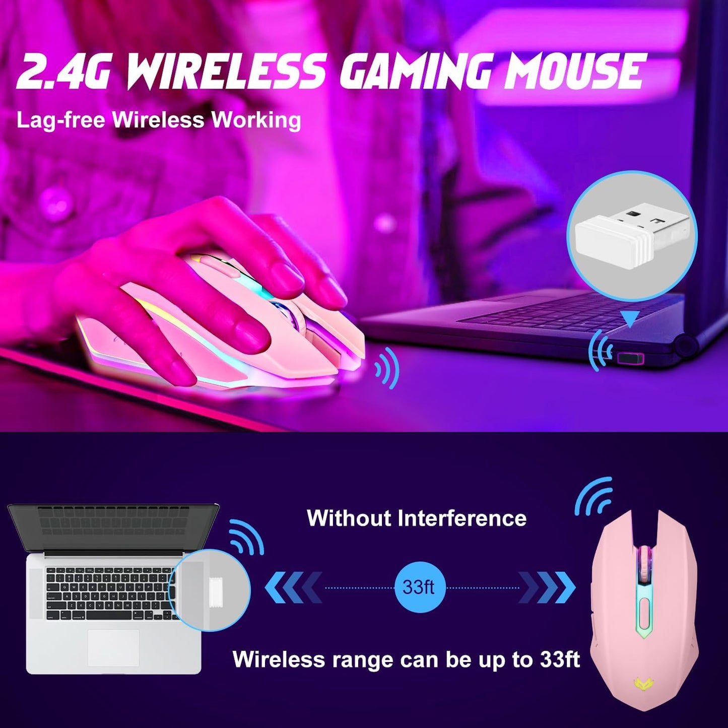 Wireless Gaming Mouse, Rechargeable Computer Mouse, 7-Color LED Light, Ergonomic Mouse with 6 Silent Click Buttons, 3 Adjustable 2400 DPI Wireless Mouse for Laptop,PC,Mac, Pink