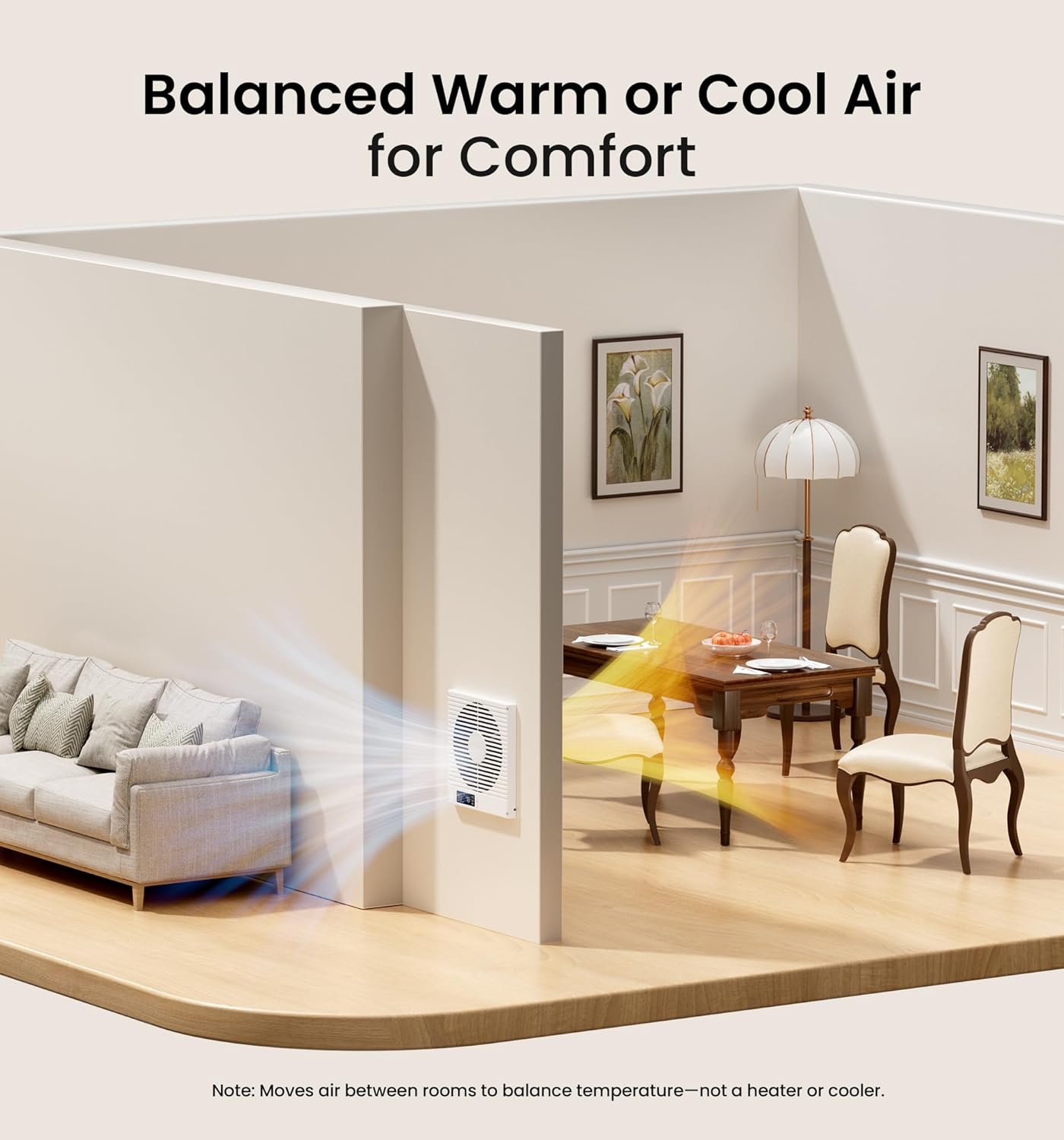 KOVIET 8" Room to Room Ventilation Fan with Remote, Quiet Reversible Through the Wall Air Transfer Fan, 10-Speed Smart Exhaust Vent, Temperature Control, ETL Certified for Bedroom, Kitchen, Laundry