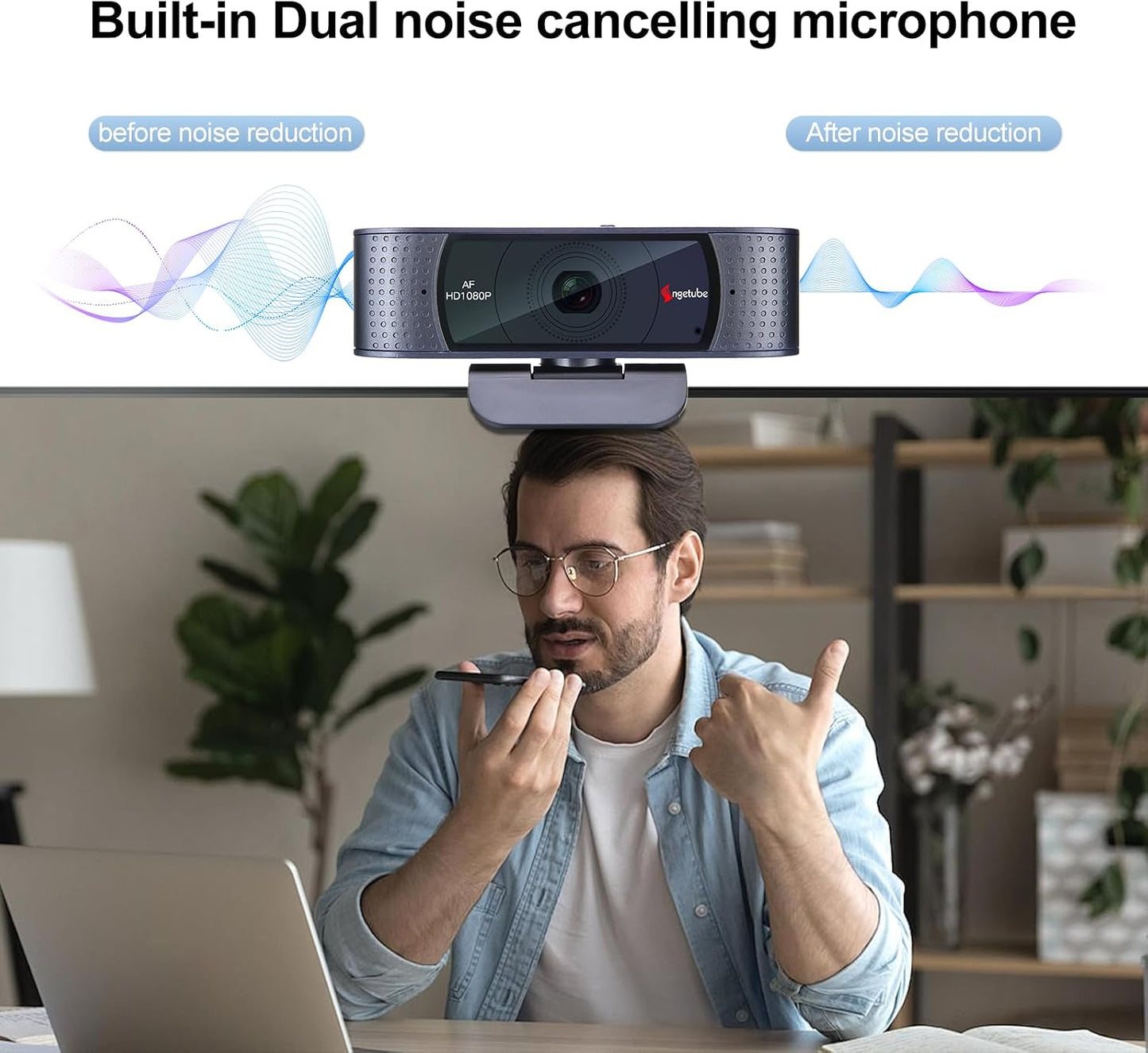 Angetube 1080P Webcam, Computer PC Camera for Laptop with Privacy Cover | 2 Microphone, Plug & Play, USB Type-A & A-to-C Adapter, 78° FOV, Suit for Online Calling, Zoom/Teams/YouTube/Google Meeting