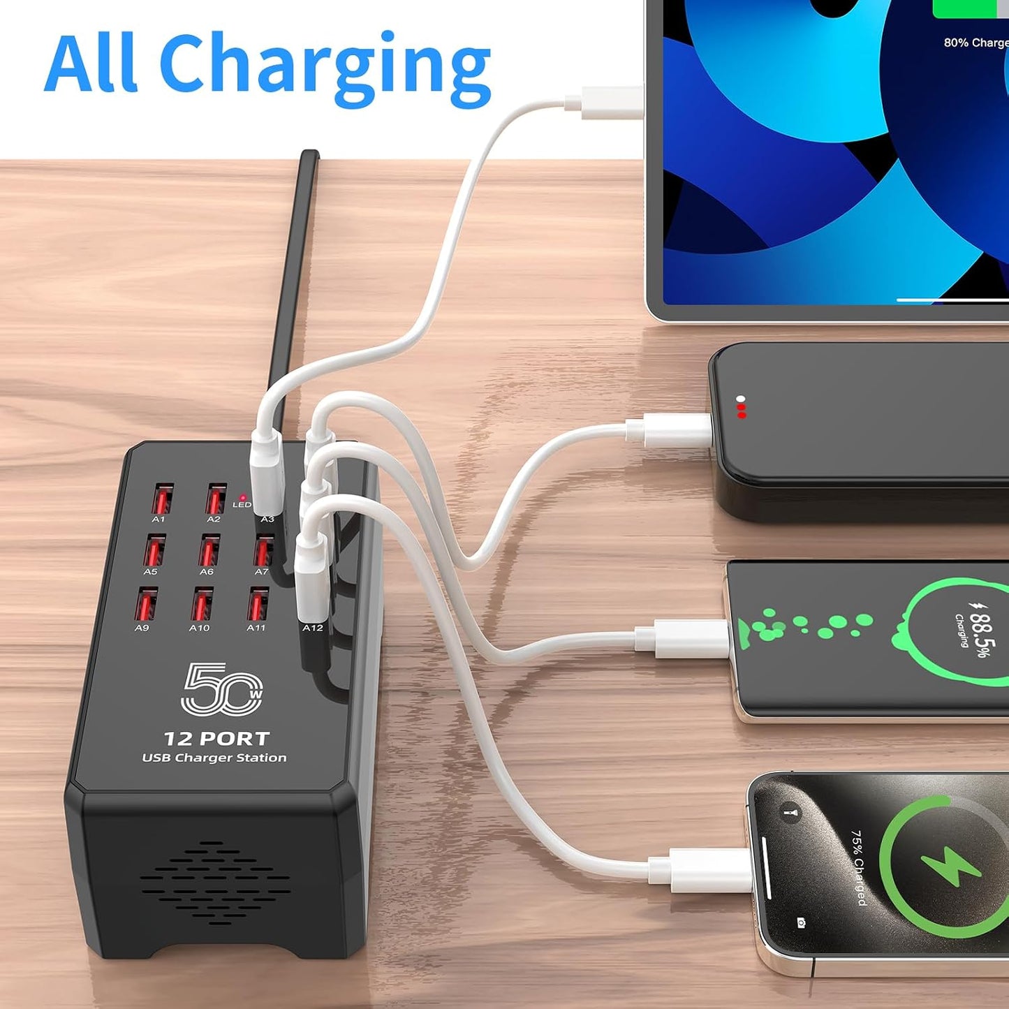 50W 12-Port USB Charging Station for Multiple Devices,Portable USB Charging Hub Compatible with iPhone, Android,Tablet and More-Compact Charger Block for Home, Office & Entrepreneur