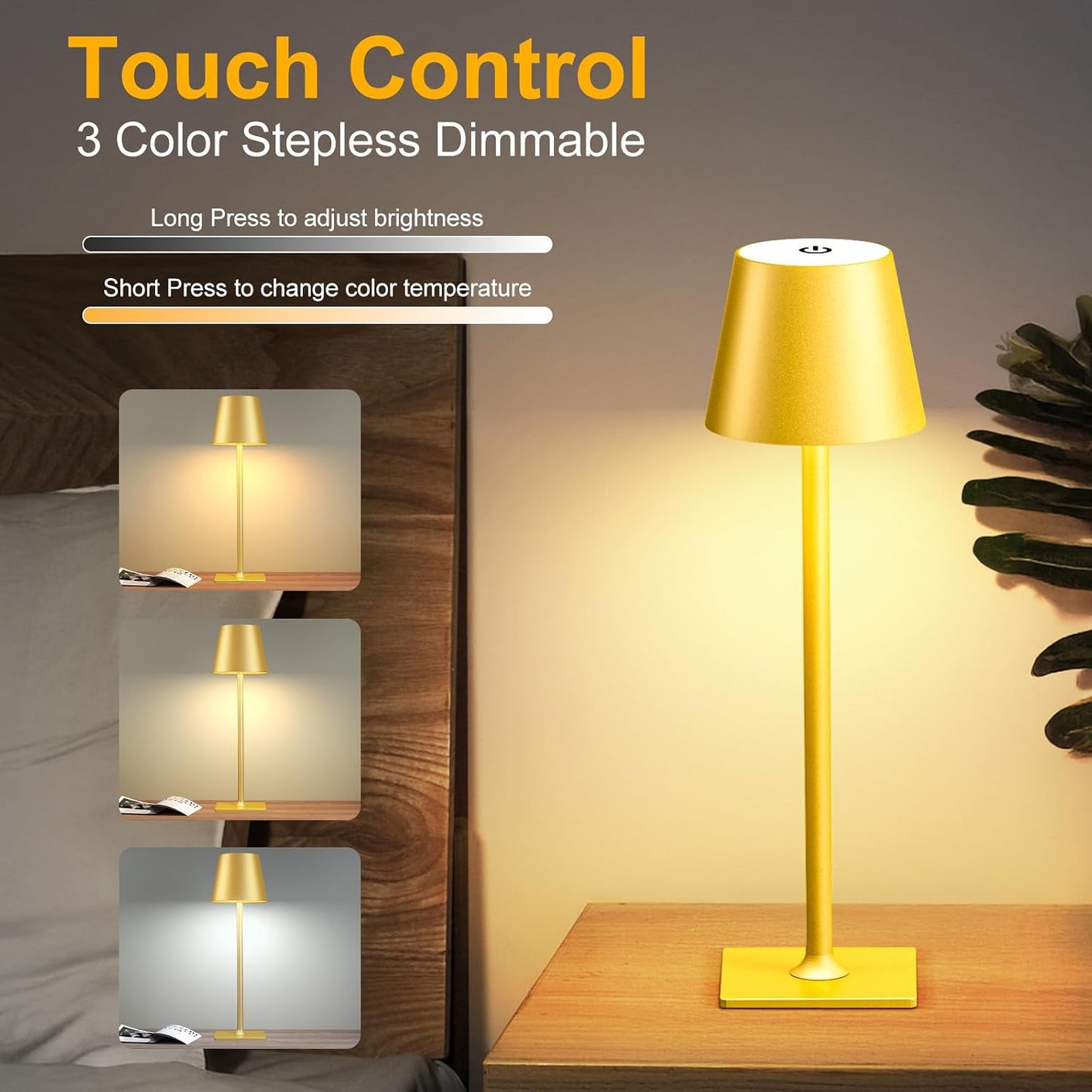 Yogaret Gold Rechargeable Cordless Table Lamp, Battery Operated, 2 Pack | 6000mAh battery lamps waterproof wireless portable design for outdoor patio, dining tables, kitchens, restaurants home bar