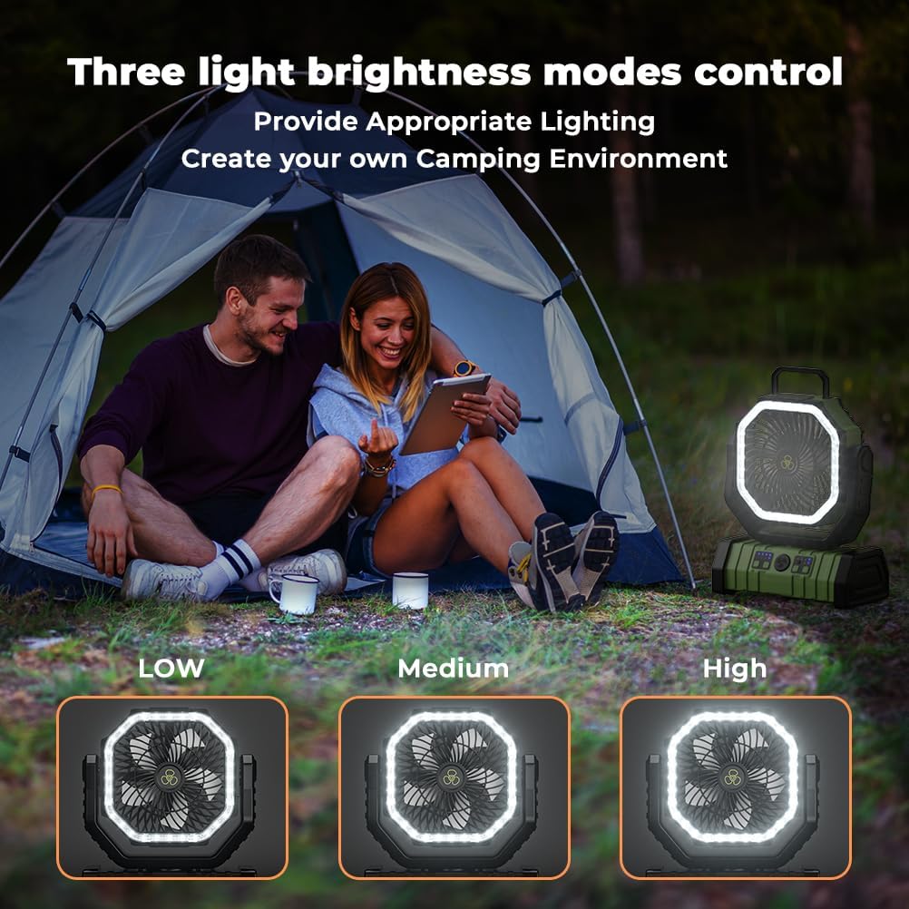 Camping Fan - 20000mAh Battery Powered Fan Rechargeable with LED Lantern - Portable Outdoor Tent Fans with Hanging Hook 4 Speeds Wind Remote Control, Green