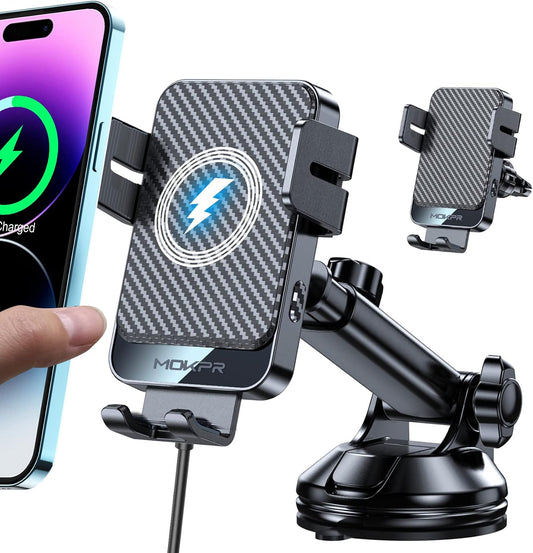 Wireless Car Charger 15W Fast Charging Dash Windshield Vent Car Mount | Auto-Clamping Universal Hands-Free Car Charger Compatible with iPhone 17/16 15/14/13/12, Samsung S24 S23/S22/S21,etc