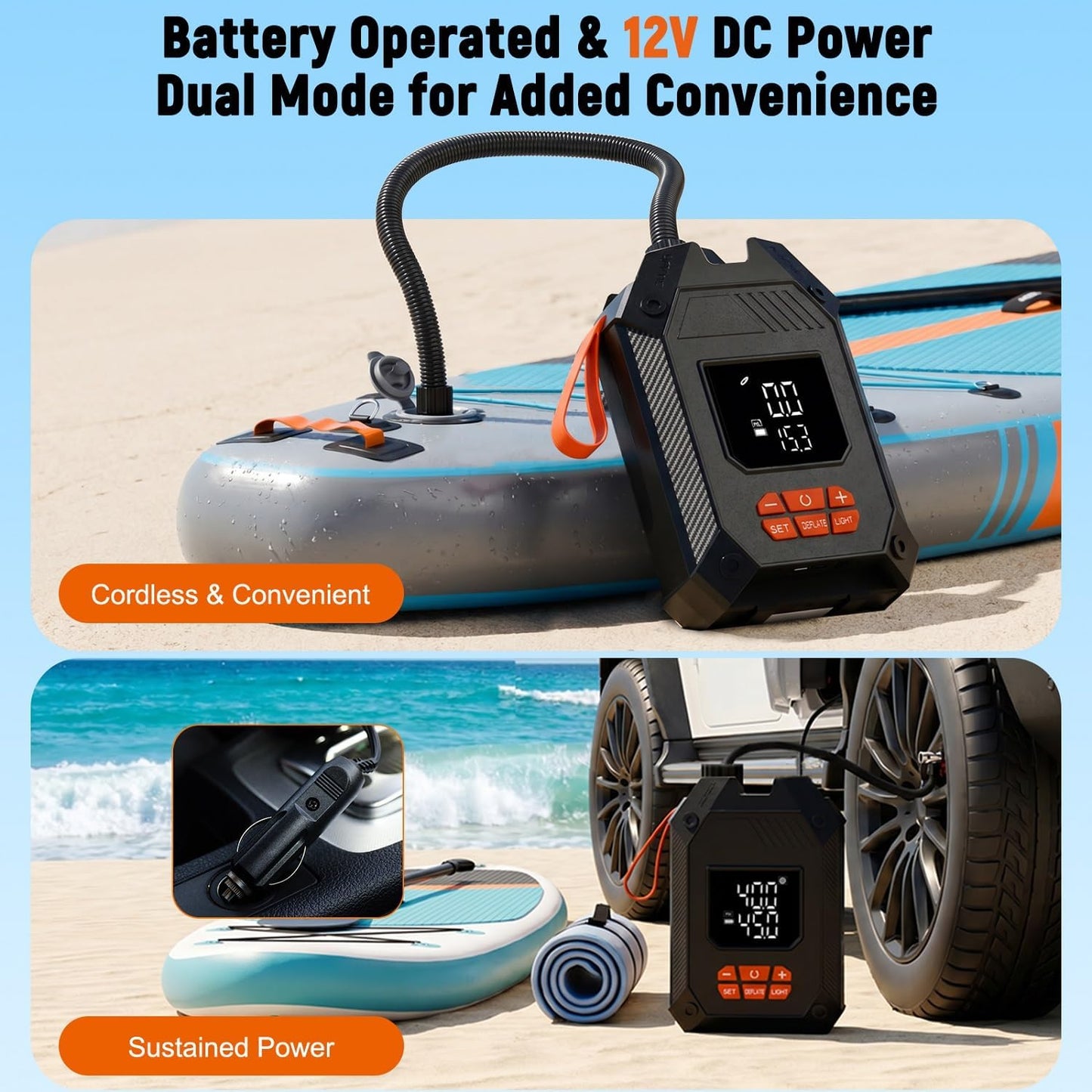 Paddle Board Electric Pump Portable 45 PSI, Dual Powered Rechargeable & 12V DC Air Sup Pump for Car Tires, Paddleboards, Kayak, Tents, Mattresses & Water Sports Inflation & Deflation, Auto-Off
