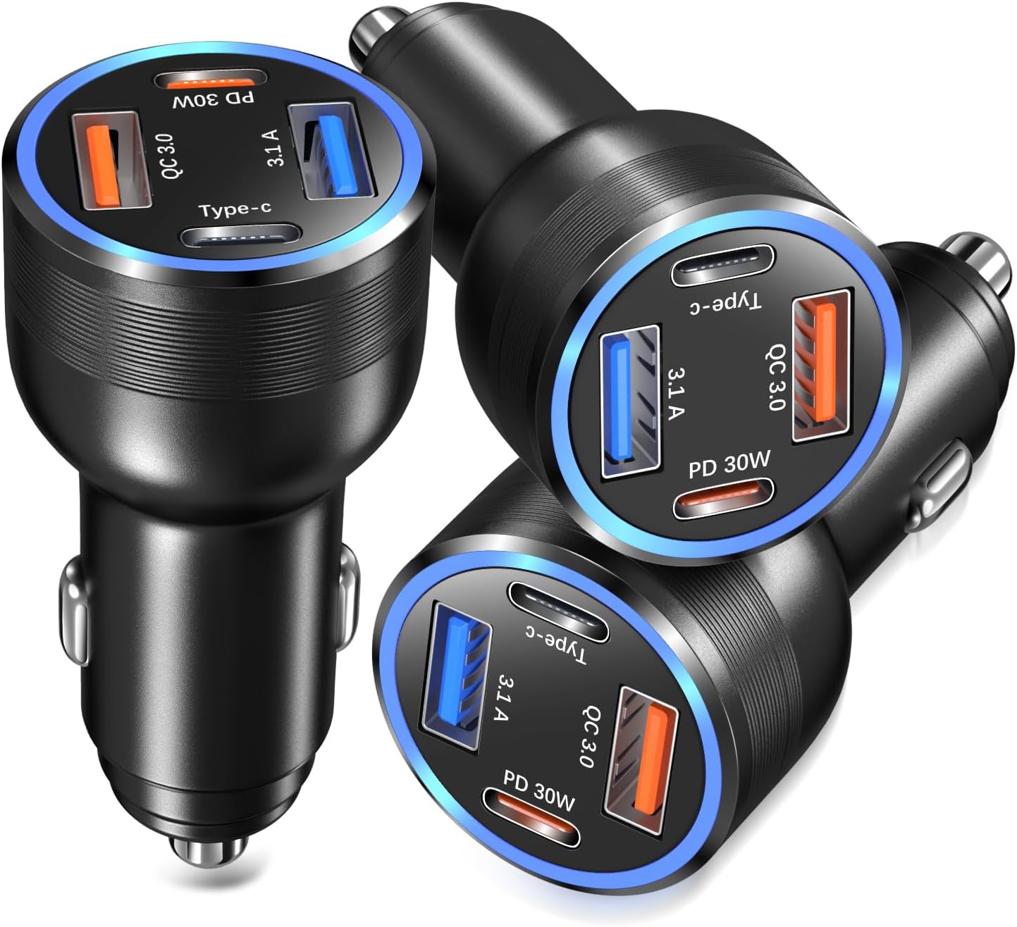 USB C Car Charger 3 Pack, 4-Port 65W Dual USB-C & USB A Car Phone Charger | QC+PD 3.0 Fast Charging,12V to USB Outlet Cigarette Lighter Adapter Plug, for iPhone 17/16/15/14/13/11 Pro,Samsung,Android