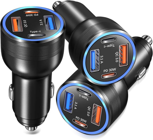 USB C Car Charger 3 Pack, 4-Port 65W Dual USB-C & USB A Car Phone Charger | QC+PD 3.0 Fast Charging,12V to USB Outlet Cigarette Lighter Adapter Plug, for iPhone 17/16/15/14/13/11 Pro,Samsung,Android