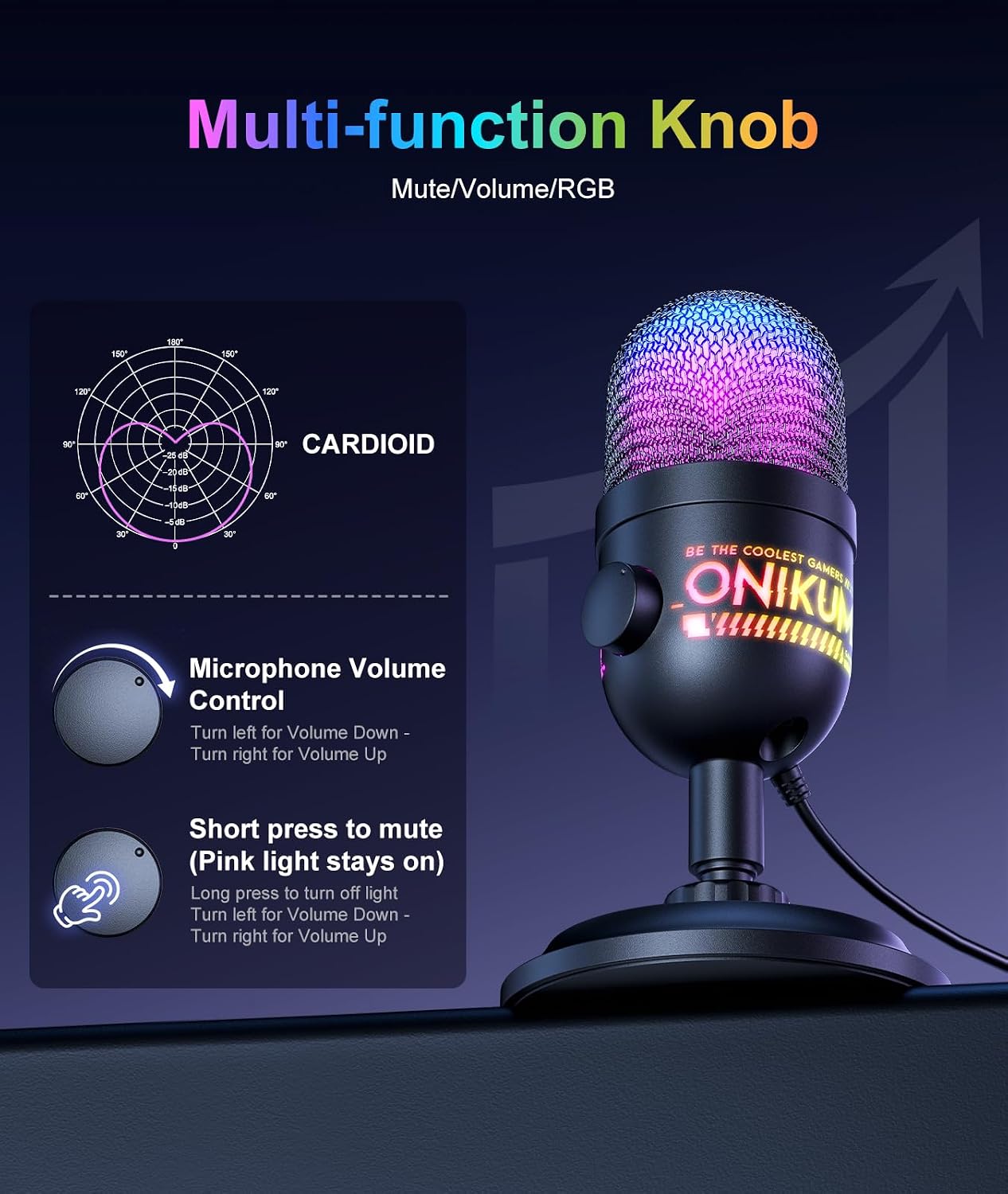 USB Gaming Microphone, RGB Condenser Mic for PC PS4 PS5 Mac, Plug & Play, Tap to Mute, Gain Control, Zero-Latency Monitoring for Streaming Podcasting Recording
