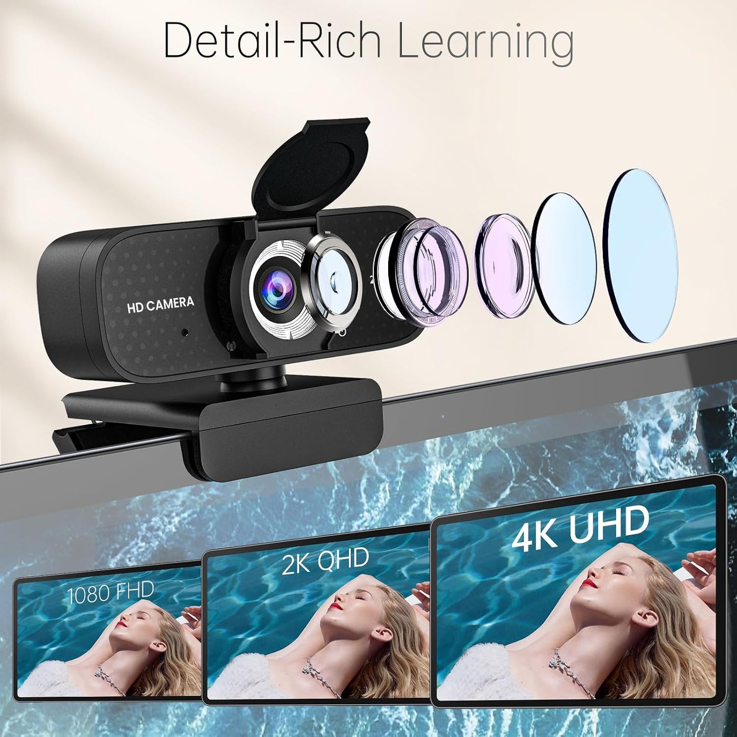 2K HD Webcam with Wide Angle Lens, Privacy Cover, Auto Light Correction and Noise-Canceling Mic, Plug & Play USB Camera for Desktop/Laptop/Mac/PC, Compatible with Teams/Zoom/Skype/Streaming Black
