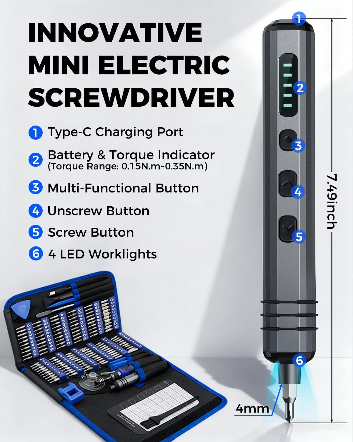 Mini Electric Screwdriver Set 140-IN-1: Small Electric Screwdriver Cordless | 120 Precision Bits, 5 Torque Settings, 4 LED Light, Magnetic Power Screwdriver Repair Tool Kit for PC RC Electronics