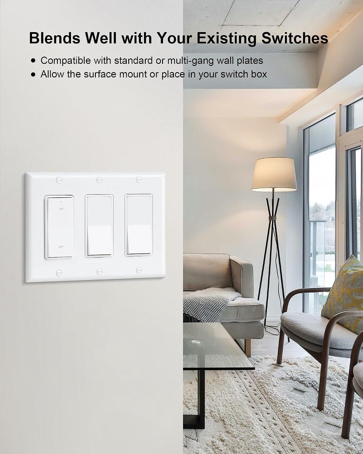 Remote Control Outlet Plug with Decorator Rocker Wall Switch | 200FT Wireless Range, Mini Round Plug, 15A/1875W, for Lamps/Lights/Household Appliances, FCC listed, Pre-Programmed