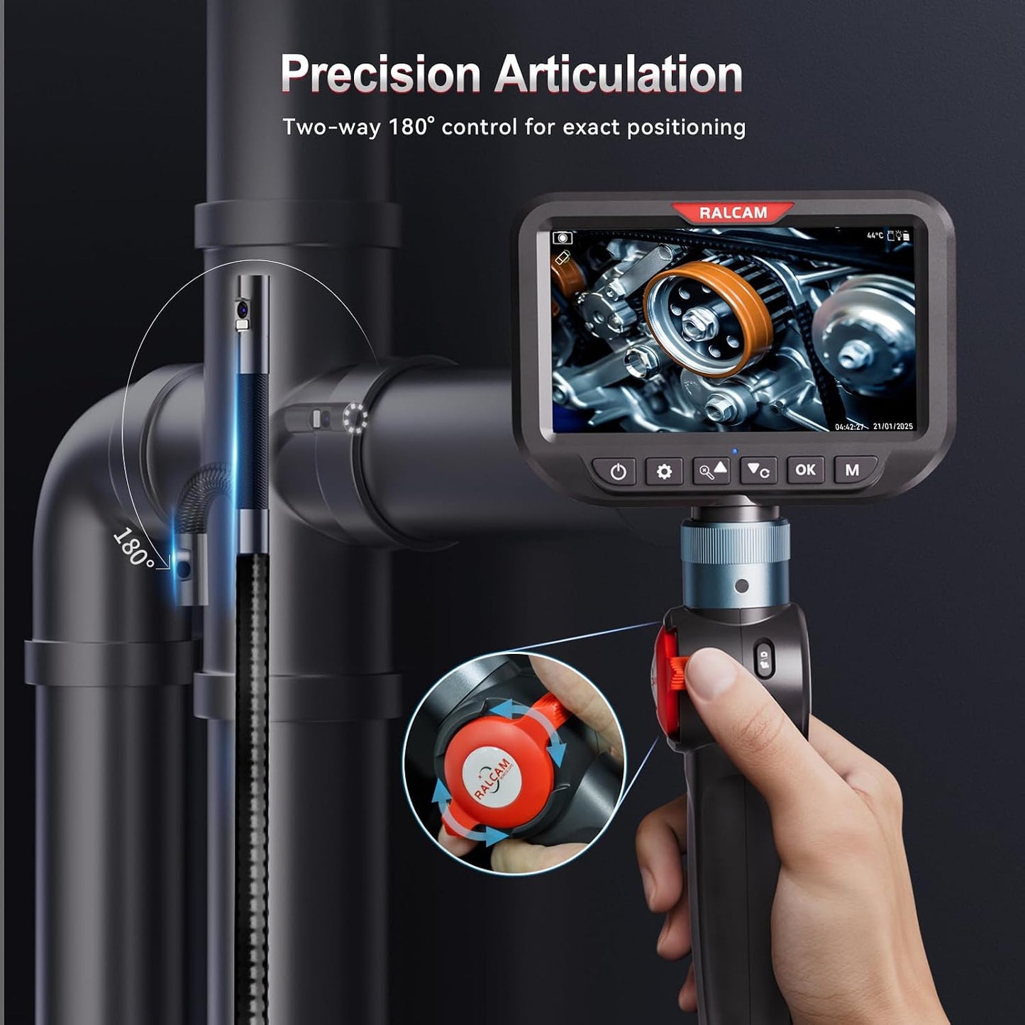 Dual Lens Articulating Borescope Camera with Light, Slim Probe | 5" HD Two-Way Articulated Endoscope Inspection Camera for Automotive, HVAC, Pipes, Wall 8.5mm-10FT Semi-Rigid Cable