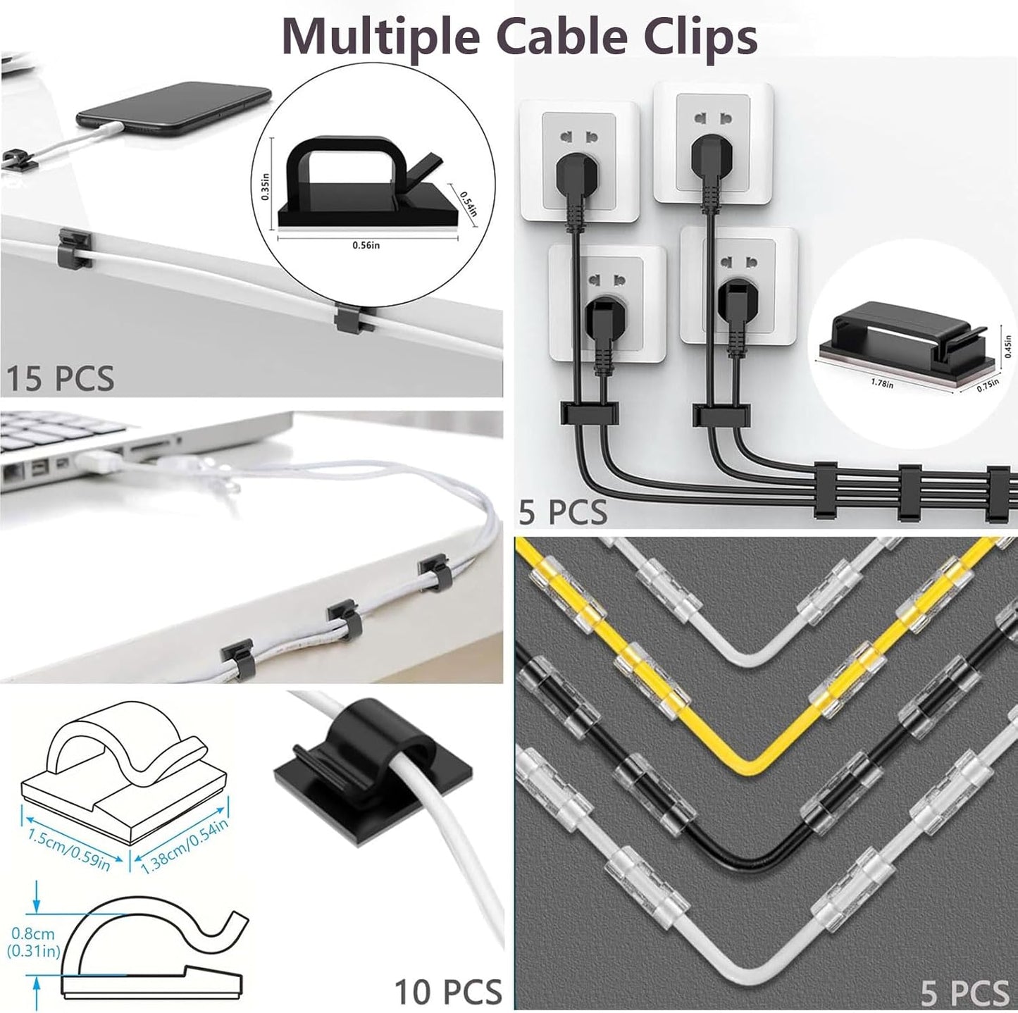 ELII 327 PCS Cable Management Kit 4 Cable Cable Sleeves,65 Cable Clips | 13Cord Holders,25 Roll Cable Organizer Straps,200 Fastening Cable Ties,20 Cable Zip Tie Mounts for Computer